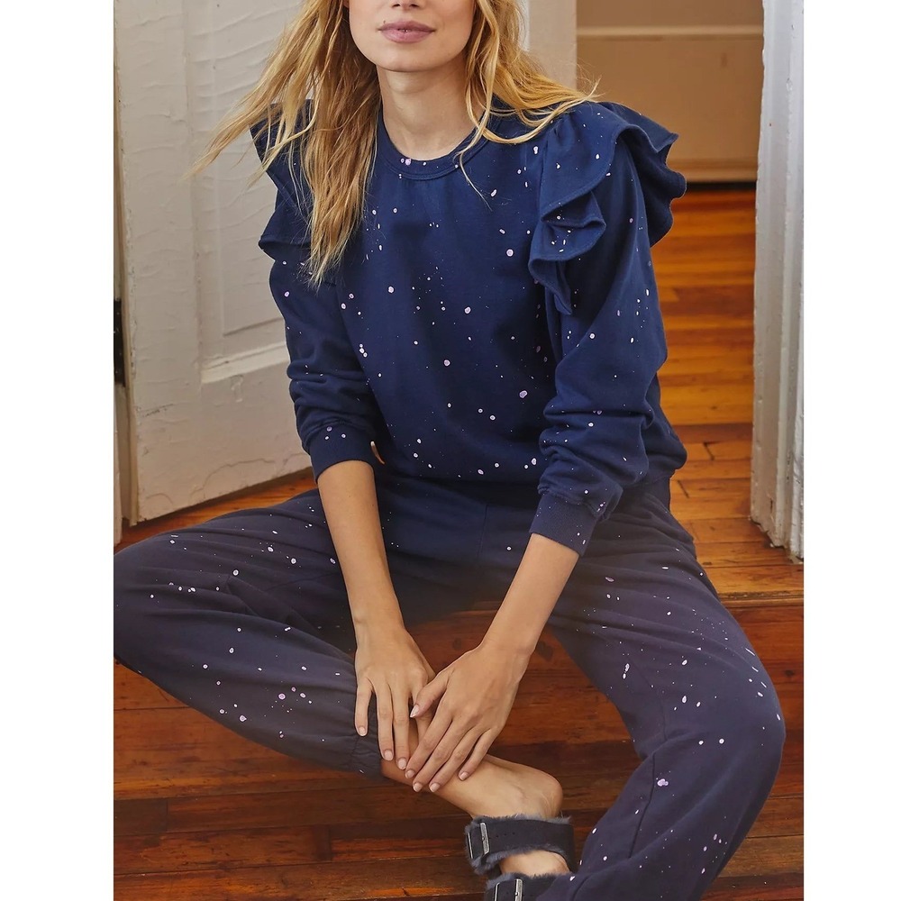 Clare V. Paint Splattered Ruffled Pullover Sweatshirt Women Medium Navy Lavendar